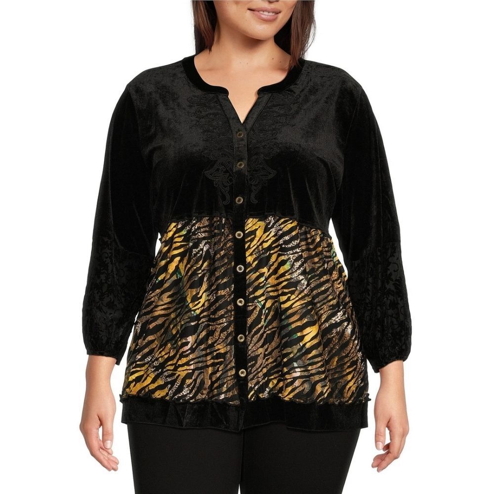Calessa Button Up Down Tunic Top Womens Size 2X Embroidered Black Velvet Lagum